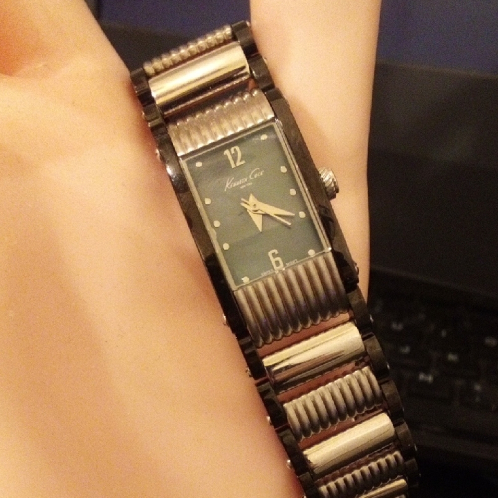 Kenneth Cole Two-Tone Silver and Black Rectangular Dial Bracelet Watch